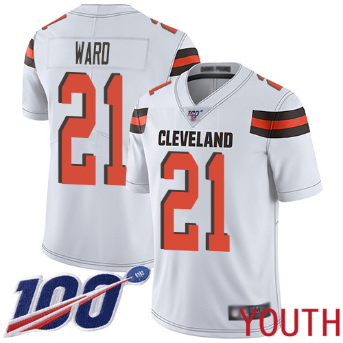 Cleveland Browns Denzel Ward Youth White Limited Jersey #21 NFL Football Road 100th Season Vapor Untouchable->youth nfl jersey->Youth Jersey
